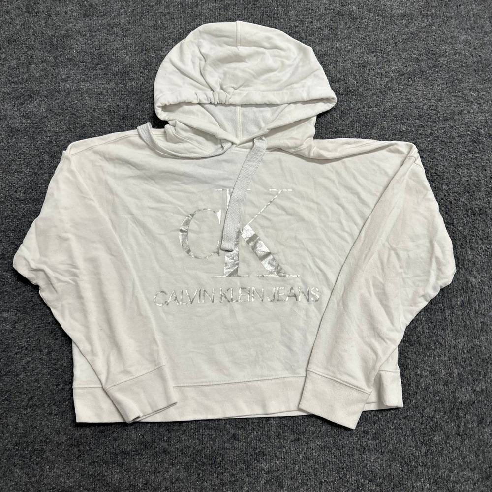 Calvin Klein Jeans Hoodie Womens Size S White Cropped Silver Logo Sweatshirt